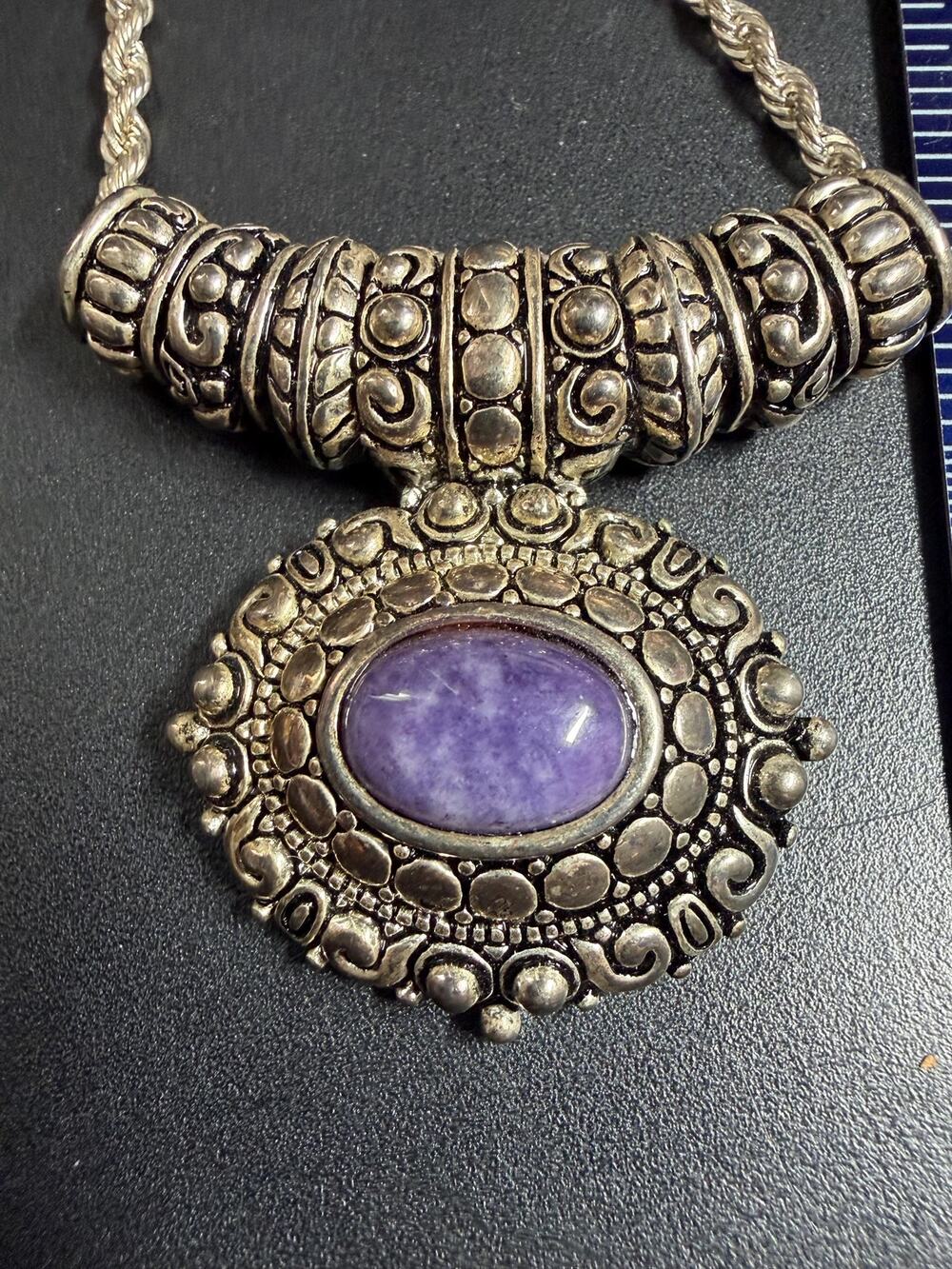 Silver Amethyst Statement Pendant Necklace